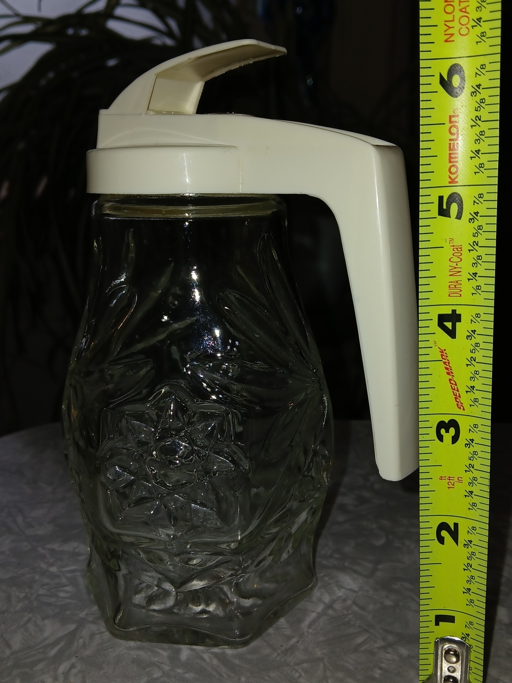 Vintage Clear Pressed Glass Syrup Pitcher with Cream Plastic Lid - Picture 2 of 5